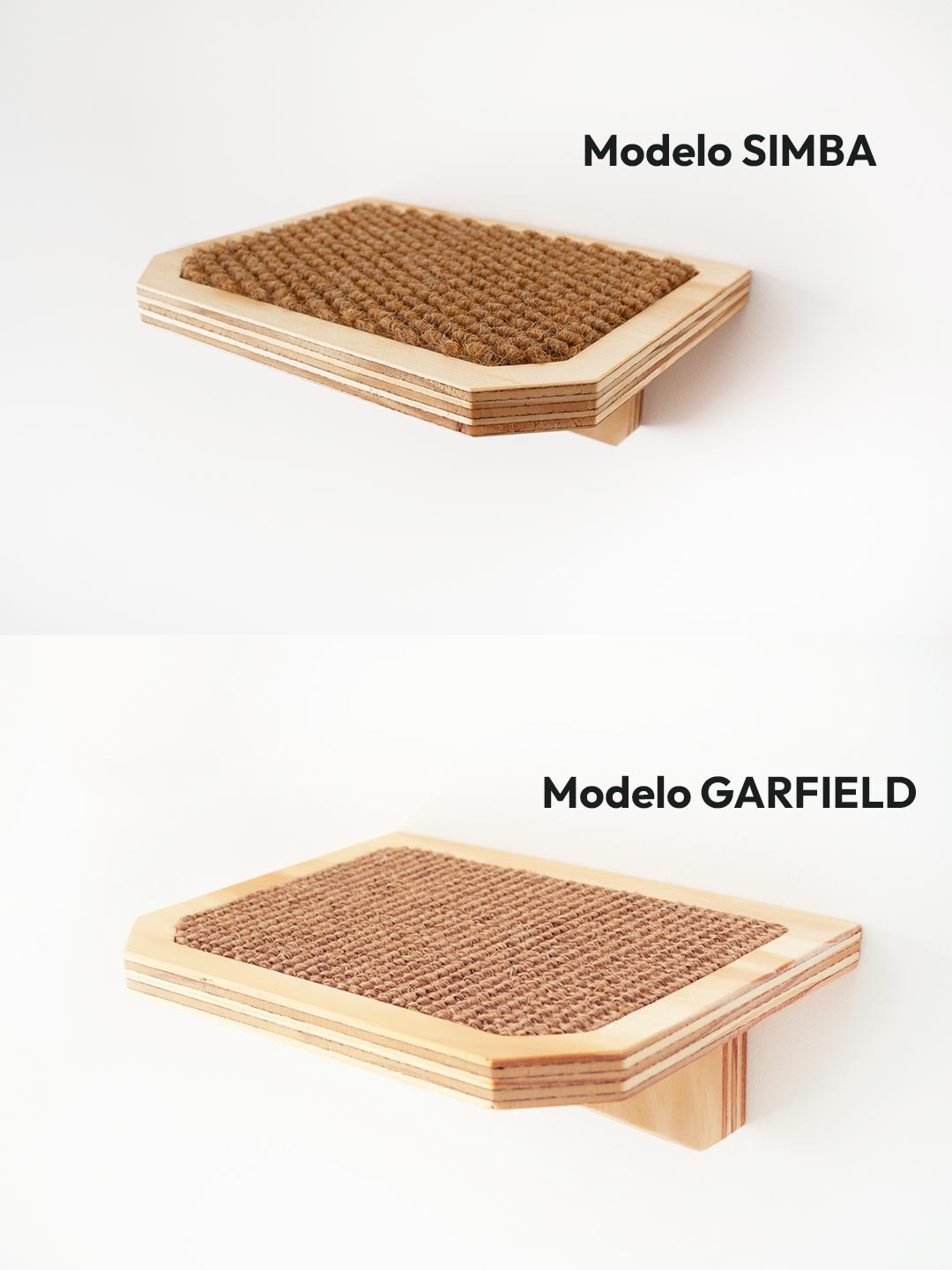 Imagen que muestra la diferencia entre los modelos Simba y Garfield del Escalón Pi, una balda o estante para gatos hecha a mano por Gatifica. Madera de pino contrachapada y moqueta